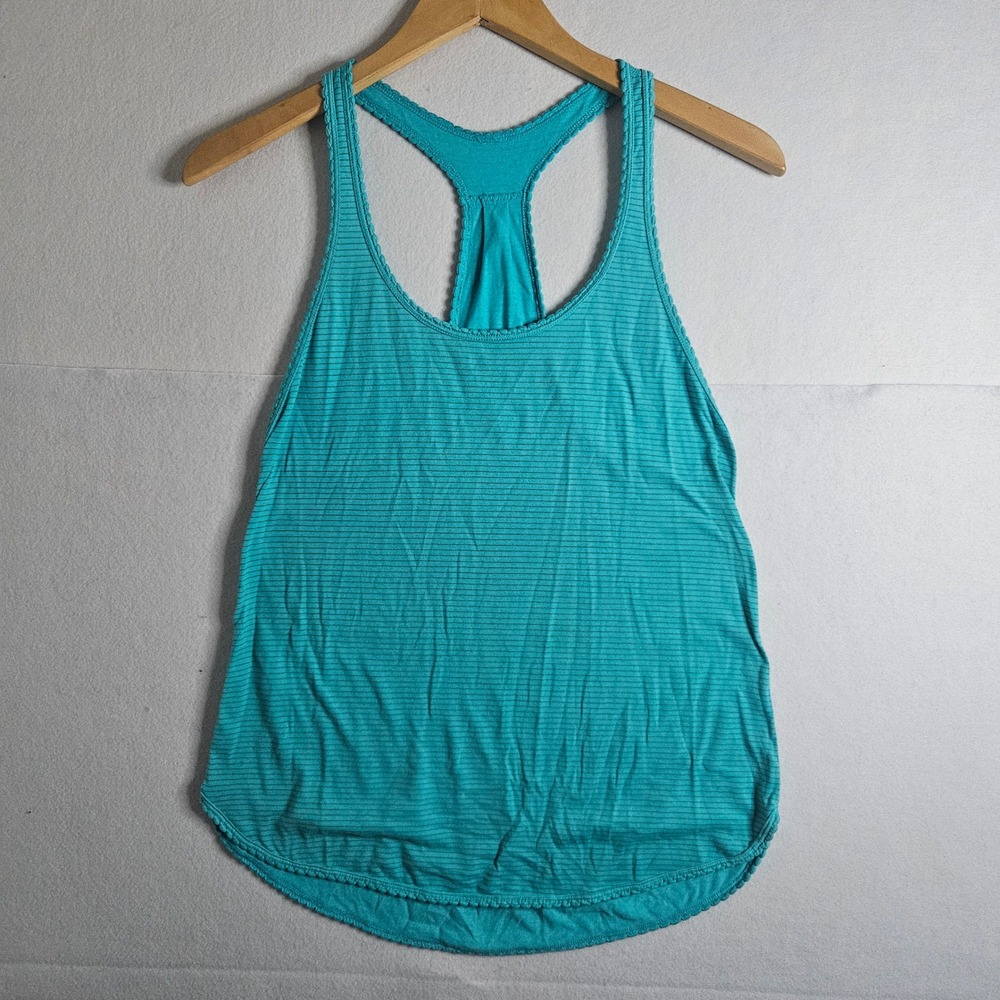 Lululemon Racerback Tank Top Teal Blue Striped Picot Trim Yoga Activewear Small
